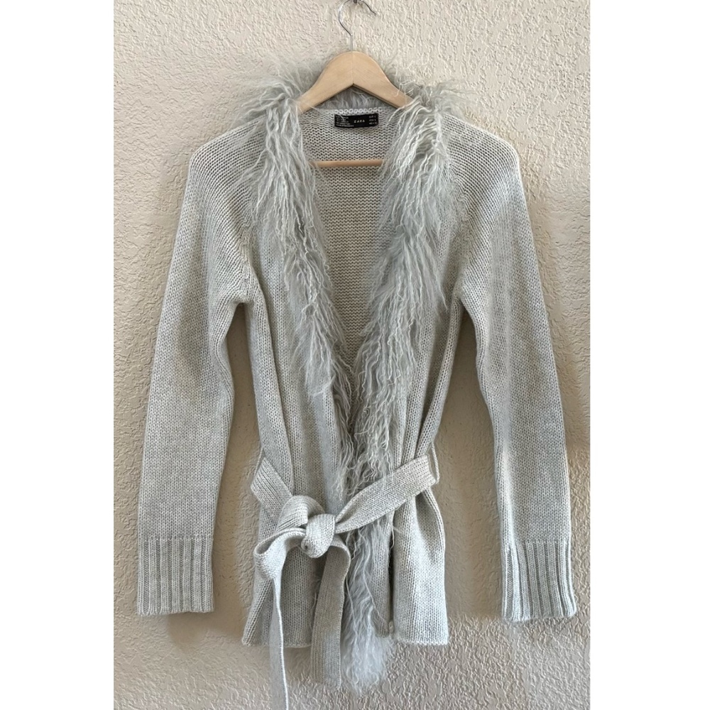Zara Sweater Cardigan Faux Fur Wool Alpaca Long Sleeves Classic Gray Large